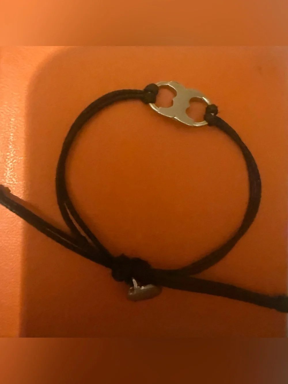 Tory Burch Black Cord Bracelet with Silver Logo Charm
